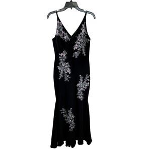 Xscape Black Floral - Gem Accent V-Neck Thin Strap Mermaid Dress Size 6